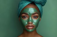 Young African American woman with green clay face mask and turquoise towel enjoying spa skincare treatment for beauty wellness and self-care routine.