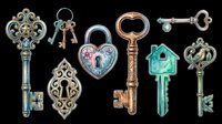 Vintage and modern keys collection with heart padlock, isolated on transparent background. Clipart set for stickers, t-shirt design, print on demand, and sublimation.