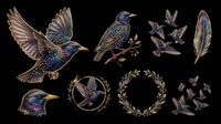 Starling bird isolated on transparent background, featuring detailed plumage with iridescent blue and purple tones. Includes flying birds, silhouettes, feathers and decorative wreaths. Ready for clipart, t-shirt design, stickers and print-on-demand projects.