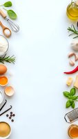 Cooking ingredients frame with fresh herbs, spices, olive oil, eggs and kitchen utensils on white background with copy space for culinary recipes.