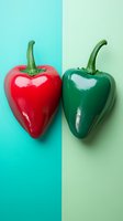 Red and green bell peppers shaped like hearts on contrasting turquoise and mint backgrounds, showcasing vibrant colors for food photography.
