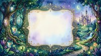 Enchanted forest frame with magical castle, glowing fireflies and mystical trees creating fairy tale border for text or design elements.