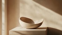Minimalist ceramic bowl on beige pedestal with dramatic natural window light and shadow creating artistic composition for modern interior design styling.