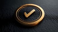 Gold checkmark coin on dark leather surface, symbolizing approval, success, and quality confirmation for business and finance concepts.