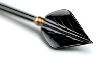 Black arrow tip with metallic silver stripes on glossy surface, close-up view showing precise detail and craftsmanship of modern archery equipment.