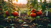 Fresh ripe red tomatoes growing on vine in organic garden during golden hour sunset. Healthy homegrown vegetables ready for harvest in agricultural field.