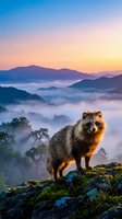 Raccoon dog standing on rocky cliff overlooking misty mountain valley at sunrise with colorful sky and fog layers below in wilderness landscape.