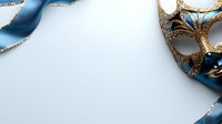 Elegant Venetian carnival mask in blue and gold with decorative ribbon on white background, creating space for text.