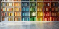 Colorful rainbow bookshelf arrangement in modern library interior with wooden floor, organized by color spectrum from blue to red creating vibrant backdrop.