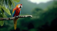 Vibrant scarlet macaw perched on tree branch against lush green rainforest background, displaying brilliant red, yellow and blue plumage in natural habitat setting.
