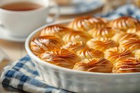Fresh baked golden brown dinner rolls in white ceramic baking dish with swirled butter tops, served with tea cup on blue checkered napkin, warm homemade bread.
