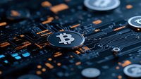 Cryptocurrency bitcoin symbol on circuit board with glowing orange and blue elements, digital money concept for financial technology background.