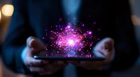 Glowing pink and purple hologram network floating above smartphone screen held in hands against dark background, depicting digital transformation concept.