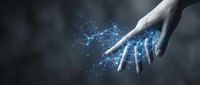 Digital hand with glowing blue network connections and particles representing artificial intelligence, technology innovation and futuristic communication.