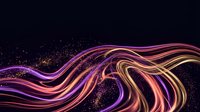 Abstract flowing ribbons with golden particles on dark background creating dynamic wave motion for modern digital design and luxury branding projects.