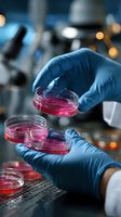 Scientist in blue gloves examining pink bacterial cultures in petri dishes during microbiological research in laboratory setting with blurred microscope background.