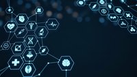 Medical healthcare technology network with hexagonal icons and connecting lines on dark blue background for digital health innovation concepts.
