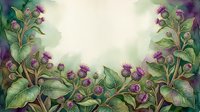 Watercolor burdock flowers frame with purple blooms and green leaves on light background, copy space for text or design.