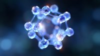 Glowing molecular structure with blue spheres connected by bright lines forming geometric shape against dark background, science visualization concept.