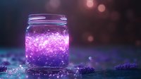 Magical glowing jar with purple sparkles and stardust on dark background, creating mystical atmosphere for fantasy and fairy tale designs.
