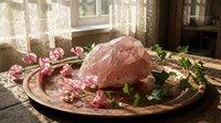Raw rose quartz crystal on a wooden tray with pink flowers and ivy in warm sunlight by a lace curtain window, spiritual wellness decor.