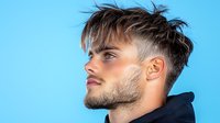 Young Caucasian male model with trendy textured haircut, beard stubble and sharp facial features poses in profile against bright blue background for modern men's hairstyle lookbook.