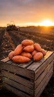 Fresh sweet potatoes in wooden crate at sunset on farm field with tractor in background during harvest season for organic agriculture and food production.