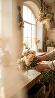Florist hands arranging fresh peach roses and greenery bouquet on rustic wooden table in sunlit flower shop studio with dried floral decorations.