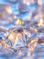 Glowing ice cube with golden bokeh lights on blue background, macro photography showing crystalline structure and light refraction in frozen water.