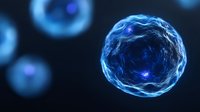 Glowing blue spheres with luminous energy particles on dark background, suitable for science, technology, and medical presentations.