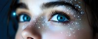 Young woman with striking blue eyes and long eyelashes surrounded by glowing digital particles and light effects on dark background for futuristic beauty concepts.
