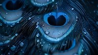 Macro shot of dark peacock feather with water drops creating artistic pattern in blue tones. Natural abstract background showing delicate details and reflections.