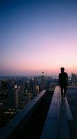 Man jogging on rooftop at sunset overlooking illuminated cityscape with skyscrapers. Urban fitness and wellness concept for health, exercise, and motivation themes.