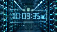 Digital clock display showing 10:09:35 AM surrounded by futuristic blue circuit board patterns and glowing technological elements for tech interfaces.