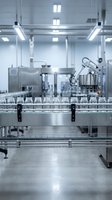 Modern pharmaceutical manufacturing facility with sterile production line and glass vials on conveyor belt system for medicine packaging and quality control.