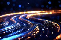 Abstract glowing curved light trails with blue and orange bokeh effects against dark background create dynamic motion and energy flow pattern.