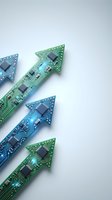 Circuit board arrows with microchips and electronic pathways in green and blue, symbolizing technology growth, digital transformation, and data flow for business concepts.