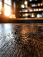 Rustic wooden table surface with natural grain texture in warm ambient bar lighting, bokeh background creates cozy restaurant atmosphere. Macro perspective.