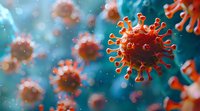 Microscopic view of coronavirus cells floating in blue fluid environment with detailed spike proteins visible on viral surface, medical science visualization for healthcare.