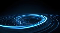 Glowing blue spiral light trails with sparkling particles create dynamic motion effect against dark background, suitable for technology and space concepts.