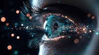Futuristic cyber eye with glowing digital elements and particles, featuring turquoise and orange bokeh lights against dark background. Technology concept for AI and biometrics.