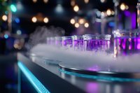 Glowing purple cocktail shots on misty bar counter with dry ice smoke effect and blurred bokeh lights creating atmospheric nightclub ambiance.