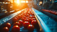 Fresh ripe tomatoes on industrial conveyor belt with dramatic lighting and selective focus, quality control in modern food processing facility.