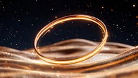 Glowing golden ring floating over shimmering waves of sand and stardust against dark starry sky background, magical fantasy concept for jewelry design and decoration.