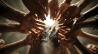 Diverse hands forming circle around bright light symbolizing unity, teamwork, collaboration and community support in warm golden atmosphere.