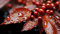 Red autumn leaves with water droplets and bright rowan berries creating seasonal nature composition, macro photography with shallow depth of field.