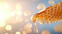 Fresh honey dripping from golden honeycomb with bokeh light effect in background, macro close-up showing natural sweetness and purity of organic product.