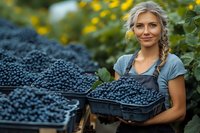 Young Caucasian female farmer in apron holding fresh harvested organic blueberries in plastic containers against blurred garden background with yellow flowers.