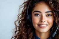 Young mixed race woman with curly hair wearing headphones smiles confidently at camera. Natural makeup and bright expression against light background.