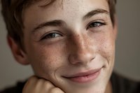 Close-up portrait of young Caucasian male teen with freckles and blue eyes smiling gently against neutral background, conveying confidence and authenticity.